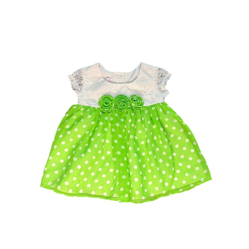 Bonnie Baby Dress 3/6M Lime Green Polka Dot White Lace Floral Spring Summer